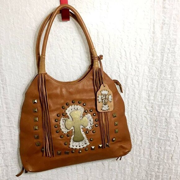 Ohh! Ashley Cross Design Brown/Tan Leather Bag - Picture 2 of 13